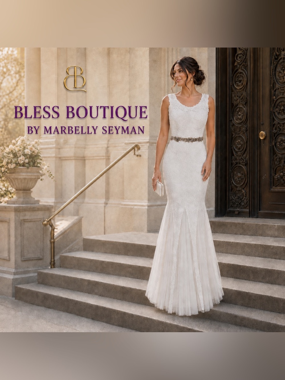 Betsy & Adam White Beaded Lace Mermaid Wedding Gown with Gold Belt